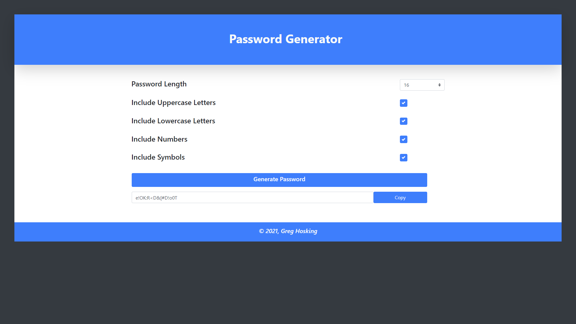 Screenshot of Password Generator website.