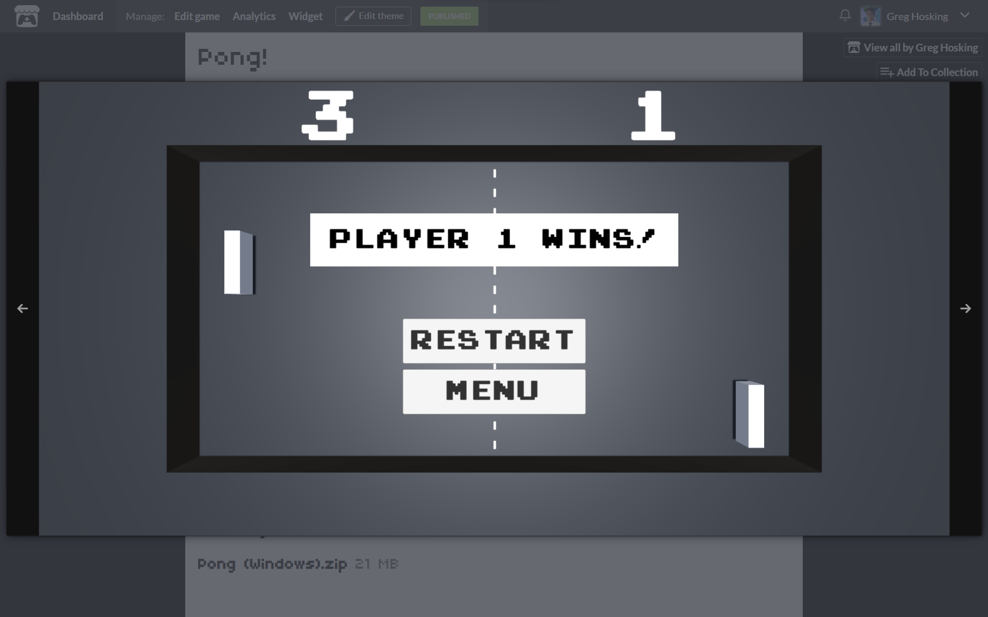 Screenshot of Pong! game.